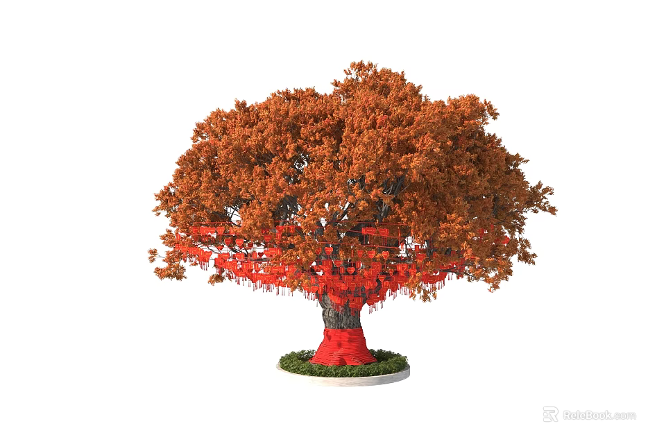 Beautiful Arbor with Orange Red Foliage and Red Decorative Ribbons on Green Grass Base 3d model 
