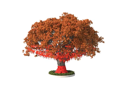 Beautiful Arbor with Orange Red Foliage and Red Decorative Ribbons on Green Grass Base 3d model