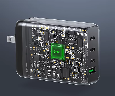GaN Charger With Transparent Case Visible Circuit Board And Multiple USB Ports For Mobile Devices 3d model