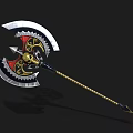 Decorative Double Bladed Battle Axe With Metallic Blades Gold Red Accents And Ornate Black Handle