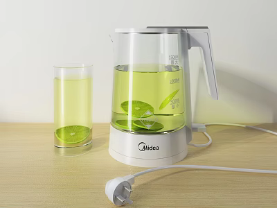 Midea Electric Kettle With Lemon Slices And Glass Of Green Liquid On Wooden Table 3d model