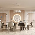 Elegant Modern Restaurant Interior With Dining Table Chairs Circular Decorative Wall And Herringbone Floor