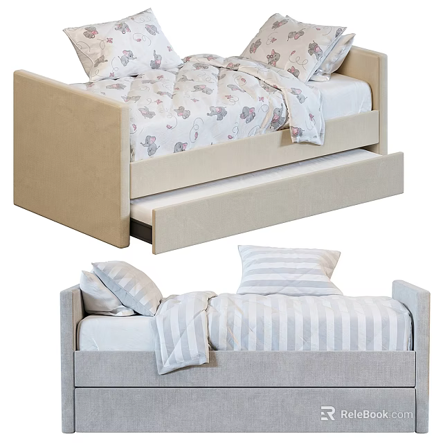 Beige And Light Gray Upholstered Kids Bed With Storage Drawer Animal Print And Striped Bedding 3d model 