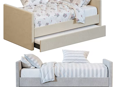 Beige And Light Gray Upholstered Kids Bed With Storage Drawer Animal Print And Striped Bedding 3d model