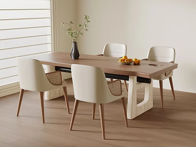 Modern Wooden Dining Table Set With Light Colored Chairs Vase And Fruit Platter 3d model