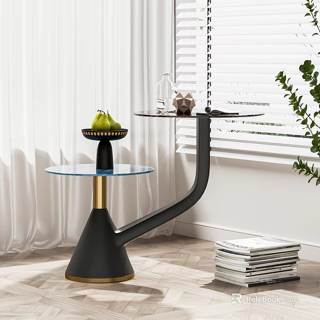 Modern Side Table With Glass Shelves Black Base Gold Accents Fruits And Green Plant 3d model 