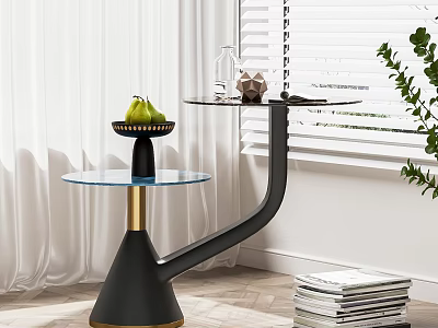 Modern Side Table With Glass Shelves Black Base Gold Accents Fruits And Green Plant 3d model