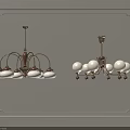 Two Vintage Chandeliers with Multiple White Shades and White Globe Shades Classic Metal Frame Design