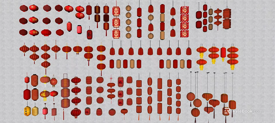 Traditional Red Chinese Lanterns Hanging With Various Styles And Fortune Characters 3d model 