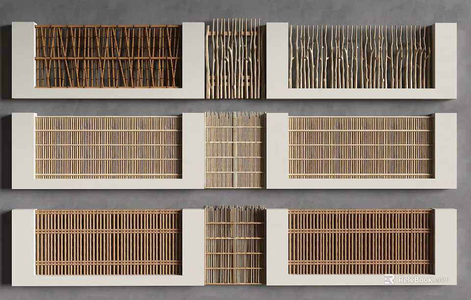 Various Wooden Fencing Designs With Vertical Slats And Grid Patterns On Gray Wall 3d model 