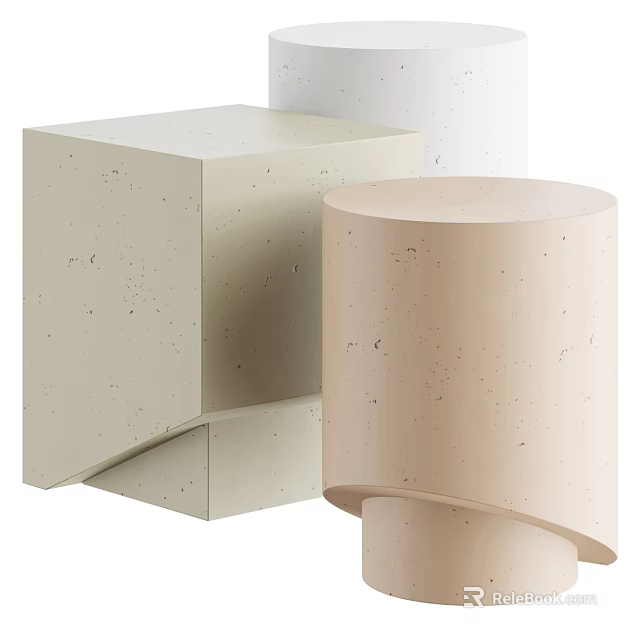 Elegant Modern Speckled Side Tables With Geometric Square And Cylindrical Bases In Light Hues 3d model 