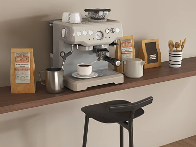 Vintage Coffee Machine On Kitchen Wooden Shelf With Coffee Bags And Metal Mug 3d model