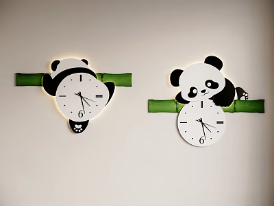 Light Colored Wall Featuring Panda Shaped Clocks On Green Strips 3d model Light Colored Wall Featuring Panda Shaped Clocks On Green Strips 3d model