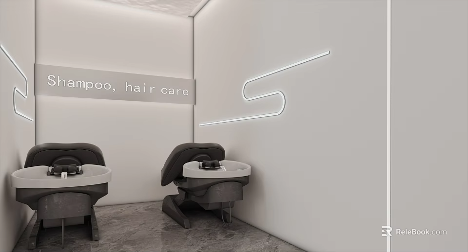Modern Hair Salon Interior With Stylish Shampoo Stations And Hair Care Services 3d model 