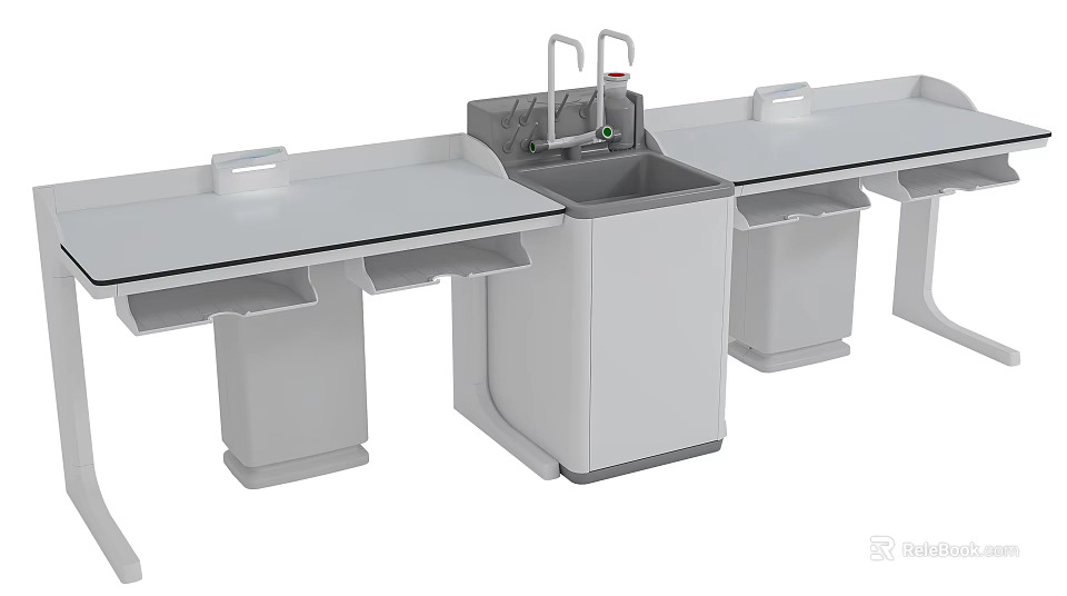 Laboratory Workbench Setup With Multiple White Surfaces Faucet And Sink Units 3d model