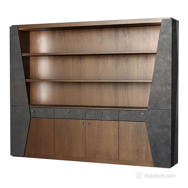 Modern Wooden Entryway Cabinet Sideboard with Open Shelves and Closed Drawers Brown Gray Panel Design 3d model 