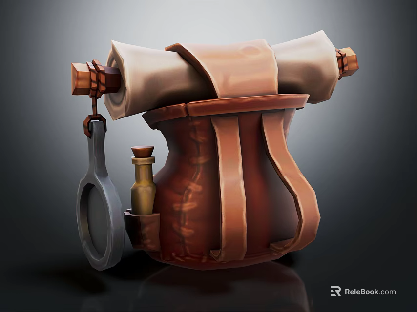 Vintage Leather Bag With Scroll Copper Parts Small Bottle And Magnifying Glass 3d model 
