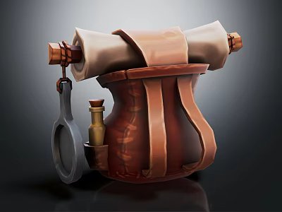 Vintage Leather Bag With Scroll Copper Parts Small Bottle And Magnifying Glass 3d model