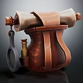 Vintage Leather Bag With Scroll Copper Parts Small Bottle And Magnifying Glass