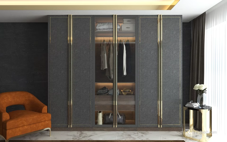 Modern Dark Gray Wardrobe Featuring Golden Trim Glass Doors And Clothes Inside 3d model 