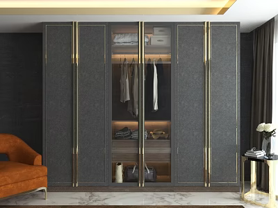 Modern Dark Gray Wardrobe Featuring Golden Trim Glass Doors And Clothes Inside 3d model