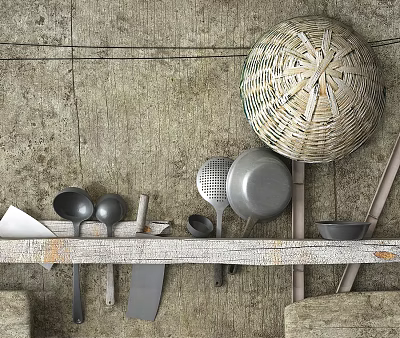 Rustic Kitchen Utensils On Wooden Shelf With Textured Wall Spoons Pans Knife And Woven Basket 3d model