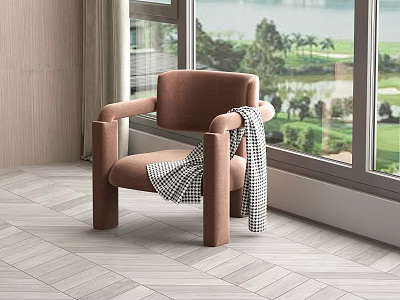 Single Seater Brown Sofa with Black and White Checkered Blanket by Window with Green View 3d model