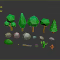3D Low Poly Green Plants and Trees with Rocks and Small Elements 3d model