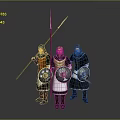 Three Medieval Men Standing Together With Spears And Shields In Historical Attire