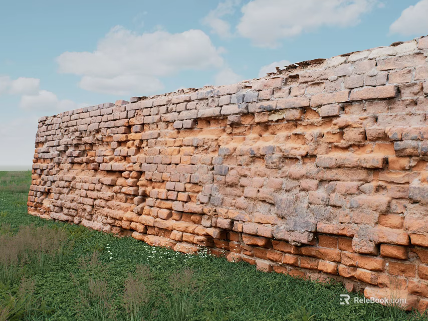 Ancient Weathered Scenic Wall with Orange Gray Bricks in Green Grass Field and Blue Sky 3d model 