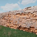 Ancient Weathered Scenic Wall with Orange Gray Bricks in Green Grass Field and Blue Sky