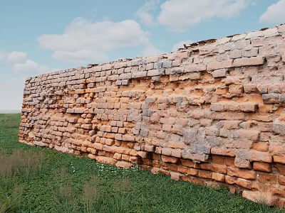 Ancient Weathered Scenic Wall with Orange Gray Bricks in Green Grass Field and Blue Sky 3d model