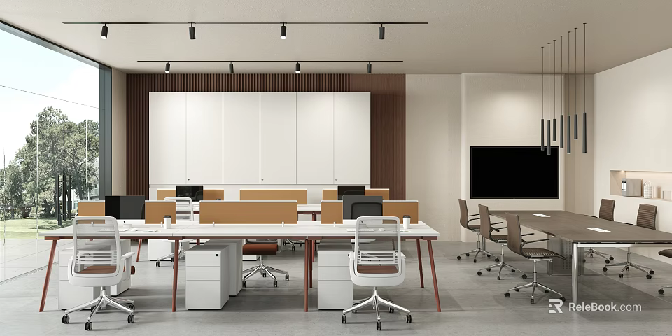 Modern Open Public Office Space With Workstations Storage Cabinets And Ceiling Lighting 3d model