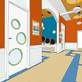 Elevator Hallway Featuring Yellow Ceiling Orange Green Walls Blue Floor Lines White Trim And Blackboard