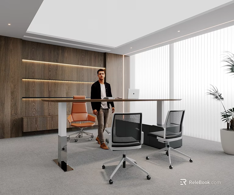 Modern Home Office with Long Desk Orange Gray Chairs Wooden Wall Large Windows Blinds and Plant 3d model 