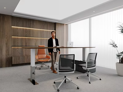 Modern Home Office with Long Desk Orange Gray Chairs Wooden Wall Large Windows Blinds and Plant 3d model