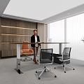 Modern Home Office with Long Desk Orange Gray Chairs Wooden Wall Large Windows Blinds and Plant