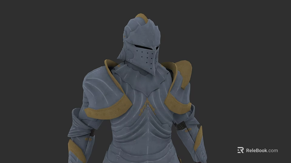 Game Movie Character In Gray Medieval Knight Armor With Yellow Accents And Helmet 3d model 