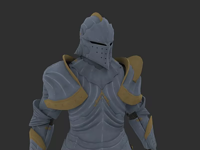 Game Movie Character In Gray Medieval Knight Armor With Yellow Accents And Helmet 3d model