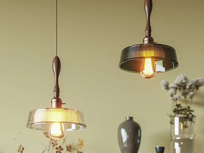 Vintage Wooden Pendant Lights With Metal Mesh Glass Shades Warm Glow Near Ceramic Vase Flowers 3d model