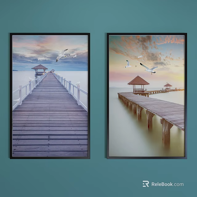 Seaside Wooden Pier Gazebo And Seagulls In Sunset Sky View 3d model 