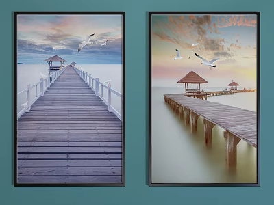 Seaside Wooden Pier Gazebo And Seagulls In Sunset Sky View 3d model