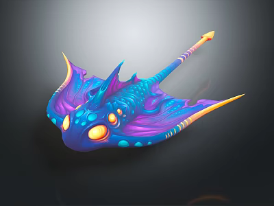 Colorful Aquatic Ray With Purple Blue Body Yellow Eyes Spikes And Orange Tip Tail 3d model