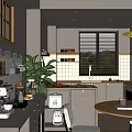 Cozy Modern Kitchen Interior With Window Blinds Green Plant Open Shelves And Countertop