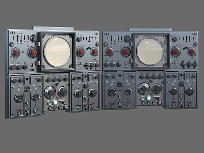 Multiple Grey Control Panels With Knobs Buttons And Meters For Professional Use 3d model