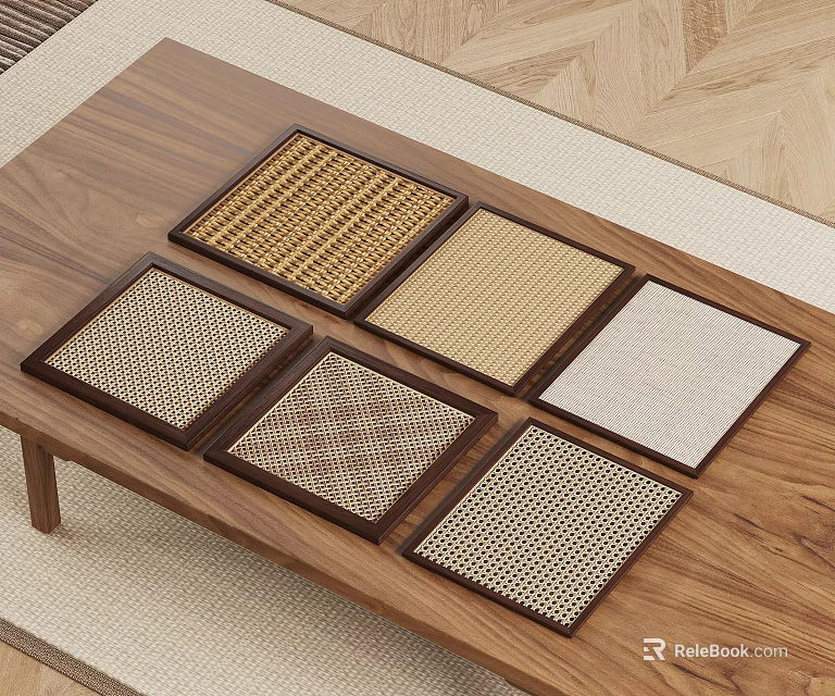 Square Coasters With Various Woven Textures Displayed On Wooden Tabletop 3d model 