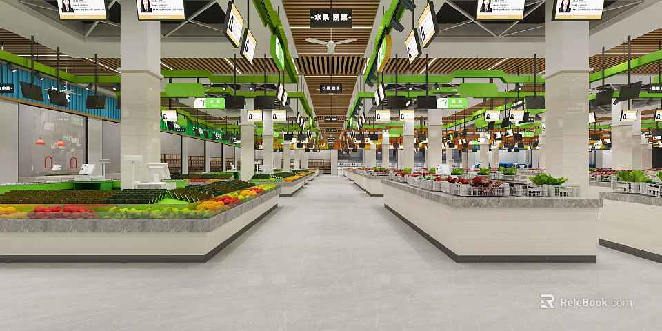 Supermarket Grocery Interior Featuring Fresh Fruits Vegetables Shelves And Well Lit Aisles 3d model 