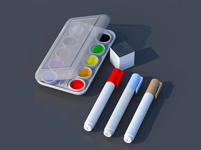 Vibrant Watercolor Paint Set with Assorted Markers and Pigment Palette 3d model