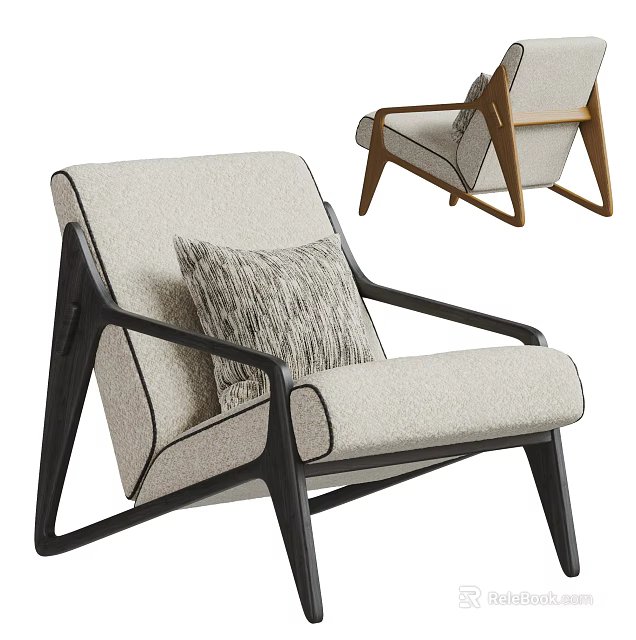 Modern Accent Chair With Beige Fabric Seat Black Wooden Frame And Gray Cushion 3d model 