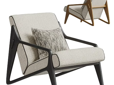 Modern Accent Chair With Beige Fabric Seat Black Wooden Frame And Gray Cushion 3d model